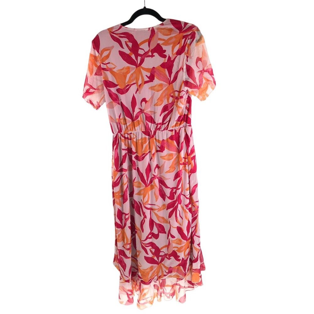Leota Womens Midi Mesh Dress Leaf Print Short Sleeve V-Neck Ruffle Skirt Pink L - Picture 4 of 6